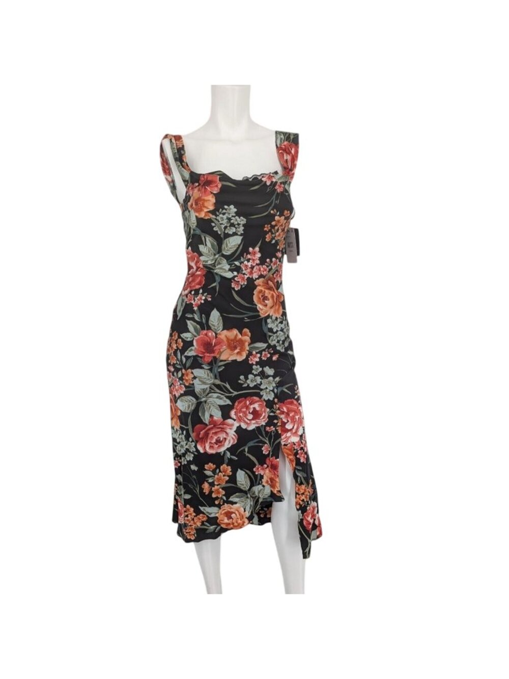 Black Floral Midi Bodycon Dress Cowl Neck Romantic Cottage Wedding Guest XSmall